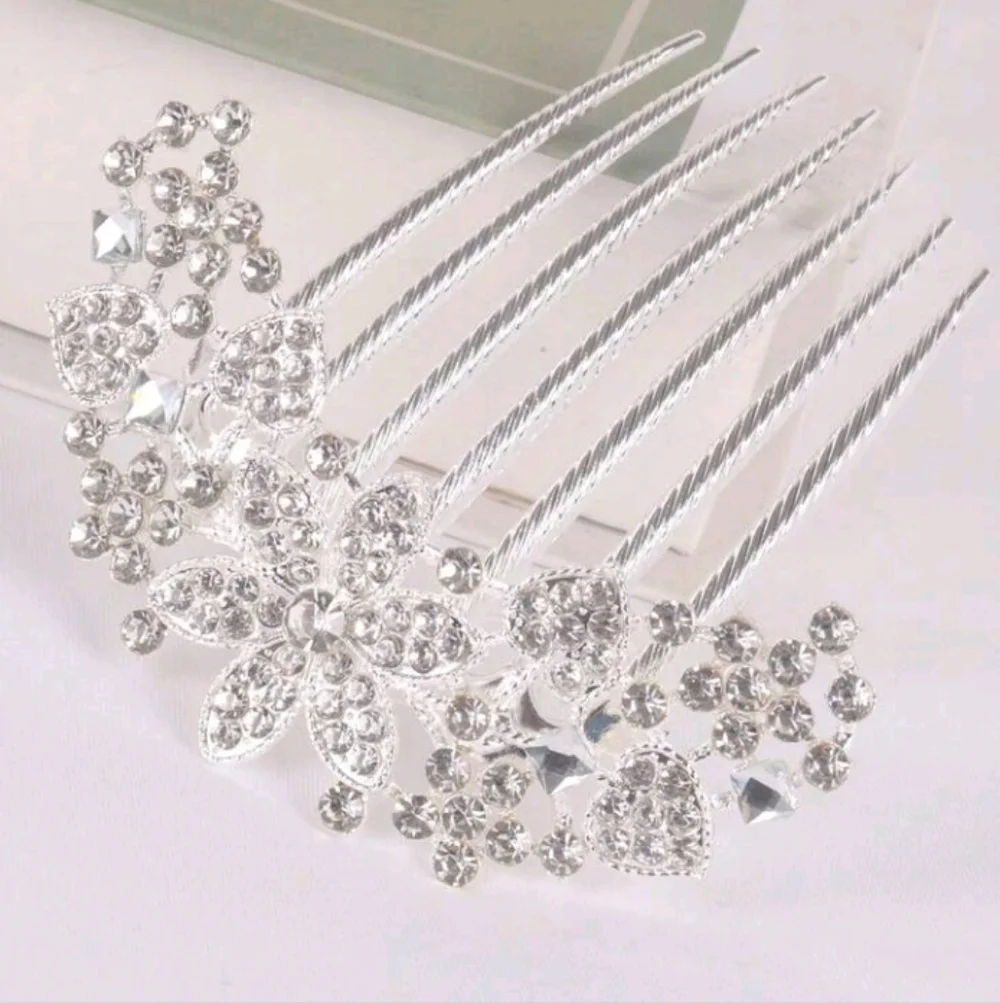 Bridal Hair Comb Silver Floral Rhinestone Wedding Hair Comb